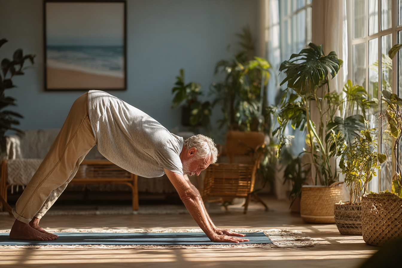 Професійний інструктор йоги працює з групою людей зрілого віку